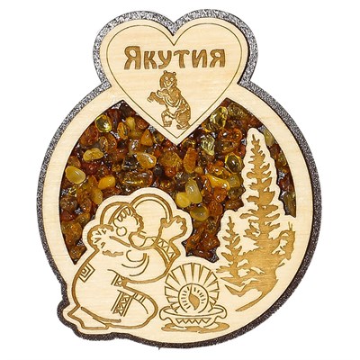 Магнит с янтарем Девушка у костра с бубном с символикой Якутии - фото 59742