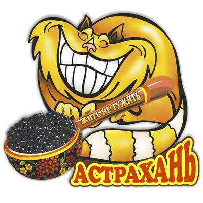 Магнит Кот с ложкой черной икры и символикой Астрахани - фото 61274