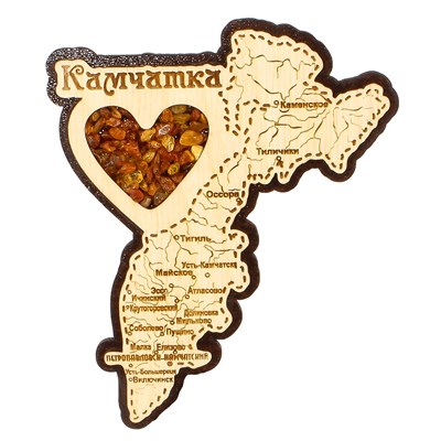 Сувенирный магнит Карта с янтарем и символикой Камчатки - фото 76948
