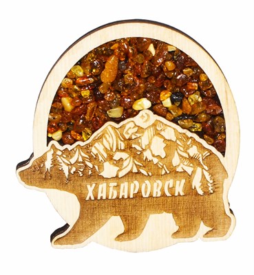 Сувенирный магнит с натуральным янтарем и медведем Хабаровск - фото 82619
