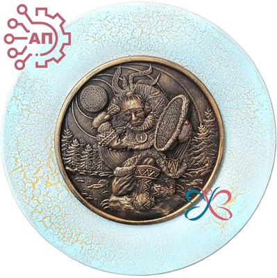 Тарелка сувенирная с 3D вставкой из гипса Шаман с бубном Байкал 31957 - фото 88569