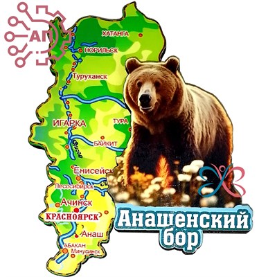 Магнит II Карта с медведем Анаш, Красноярск 34192 34192 - фото 96154