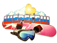 Магнит 2-х слойный Сноуборд и очки с зеркальной фурнитурой и названием Вашего горнолыжного курорта