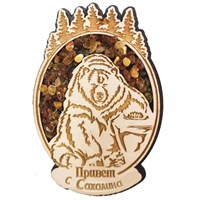 Магнит с янтарем Овал медведь привет Сахалин 25700