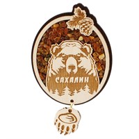 Магнит с янтарем Овал медведь с подвесом лапа Сахалин 25702
