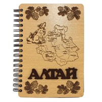 Блокнот деревянный с накладными элементами логотип Алтая и картой с волком 50 листов