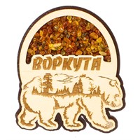 Сувенирный магнитик с янтарем Медведь с символикой Воркуты