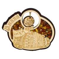 Сувенирный магнитик с янтарем Кот с подвесной деталью и символикой Вашего города