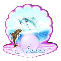 Сувенирный магнит со смолой и зеркальной деталью Дельфины вид 1 с символикой Вашего города