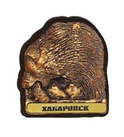 Сувенирный магнит на холодильник Мурманск Хабаровск медведь с рыбой и логотипом города артикул 30326