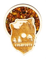 Сувенирный магнит на холодильник Хабаровск с медведем и натуральным янтарем артикул 30421