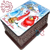 Шкатулка малая резная со смолой Новый год вид 1 Великий Устюг 34515 34515