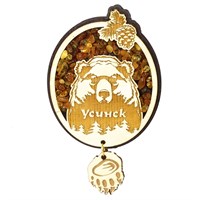 Магнит с янтарем Медведь с символикой Усинска и подвесной деталью - фото 62308