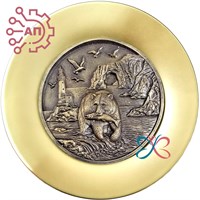 Тарелка сувенирная с 3D вставкой из гипса Медведь с рыбой и маяк 34922 34922